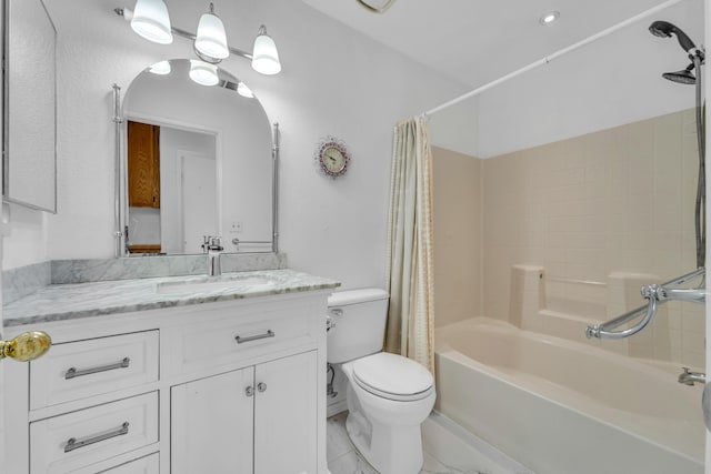 full bath featuring shower / bathtub combination with curtain, vanity, and toilet