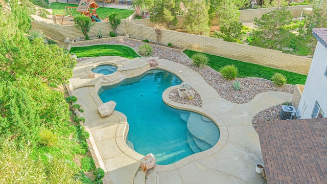 4104 Rainer Pl, Quartz Hill, CA 93536 - view of swimming pool with a fenced backyard, a patio, and a pool with connected hot tub