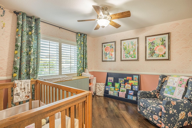 4104 Rainer Pl, Quartz Hill, CA 93536 - bedroom featuring wallpapered walls, wood finished floors, wainscoting, and a ceiling fan