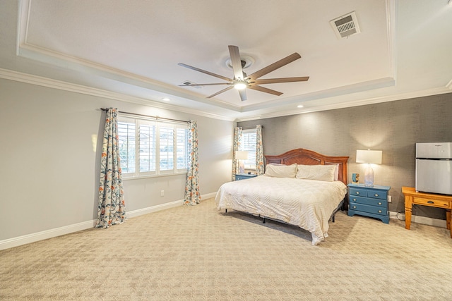4104 Rainer Pl, Quartz Hill, CA 93536 - bedroom featuring a tray ceiling, crown molding, baseboards, carpet flooring, and ceiling fan