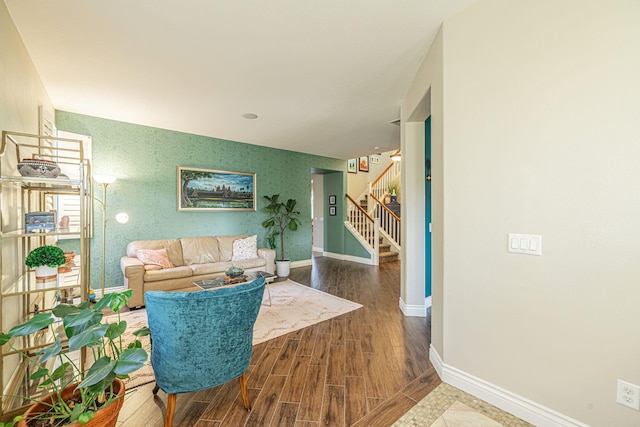 4104 Rainer Pl, Quartz Hill, CA 93536 - living room featuring stairs, baseboards, and wood finished floors