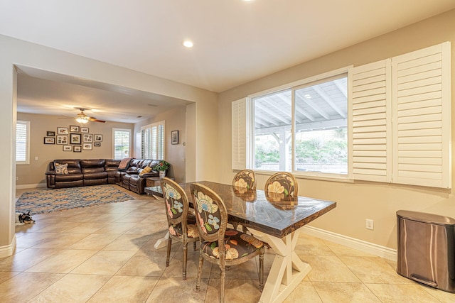 4104 Rainer Pl, Quartz Hill, CA 93536 - dining space with baseboards, light tile patterned floors, recessed lighting, and ceiling fan