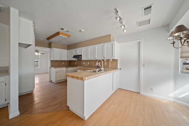 kitchen with a peninsula, a sink, white cabinetry, light wood-type flooring, and backsplash