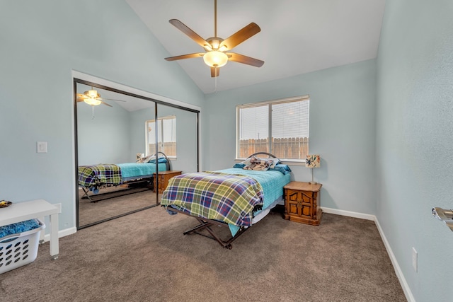 bedroom featuring a closet, baseboards, a ceiling fan, and carpet flooring