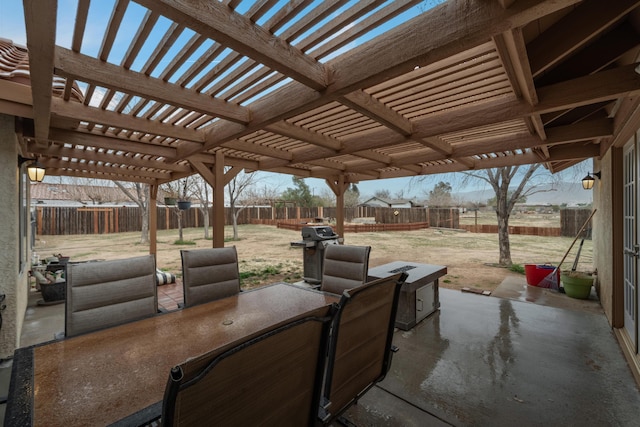 view of patio / terrace with a fenced backyard, a pergola, and a grill