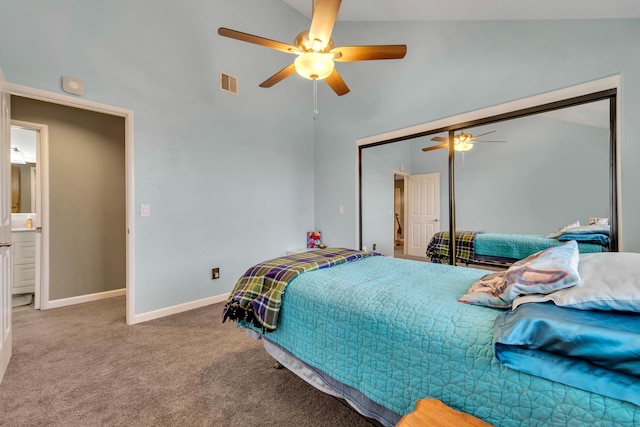 bedroom featuring visible vents, a ceiling fan, baseboards, carpet, and lofted ceiling