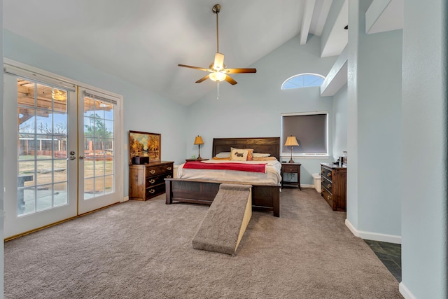 carpeted bedroom featuring baseboards, high vaulted ceiling, beam ceiling, access to exterior, and french doors