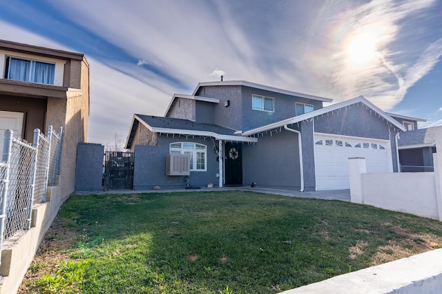 front facade featuring a front yard, a garage, and cooling unit