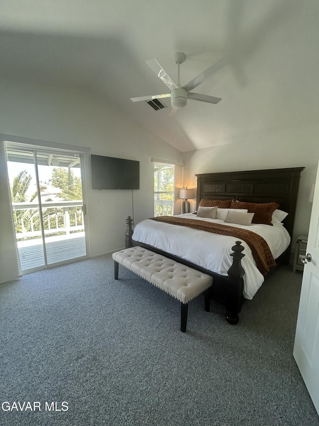 38836 Calistoga St, Palmdale, CA 93551 - bedroom with access to exterior, vaulted ceiling, carpet floors, and ceiling fan