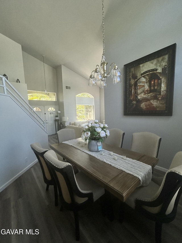 38836 Calistoga St, Palmdale, CA 93551 - dining space with wood finished floors, a chandelier, and high vaulted ceiling