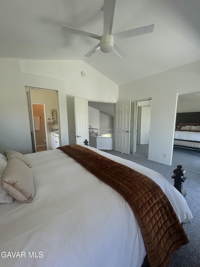 38836 Calistoga St, Palmdale, CA 93551 - carpeted bedroom featuring vaulted ceiling, ensuite bath, and ceiling fan