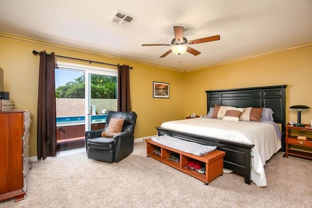 3215 Larwood Dr, Lancaster, CA 93536 - carpeted bedroom featuring crown molding, access to outside, ceiling fan, and visible vents