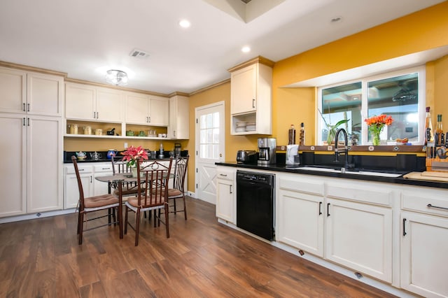 3215 Larwood Dr, Lancaster, CA 93536 - kitchen featuring dark countertops, open shelves, dishwasher, a sink, and recessed lighting