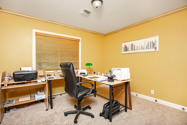 3215 Larwood Dr, Lancaster, CA 93536 - office with carpet floors, baseboards, visible vents, and ornamental molding