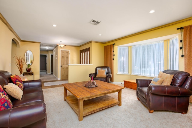 3215 Larwood Dr, Lancaster, CA 93536 - carpeted living area with crown molding, recessed lighting, baseboards, and visible vents