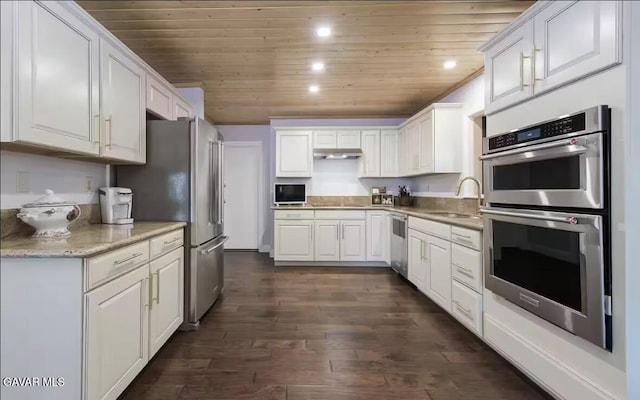 30508 Buckskin Dr, Tehachapi, CA 93561 - kitchen featuring stainless steel appliances, wood ceiling, white cabinets, dark wood-type flooring, and recessed lighting