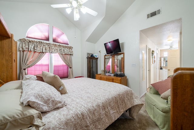 carpeted bedroom with high vaulted ceiling and ceiling fan