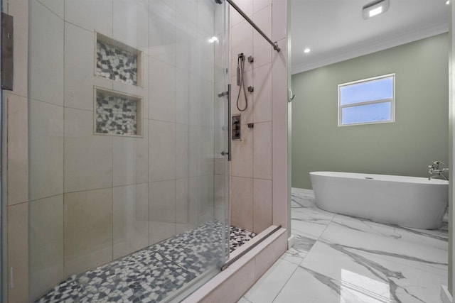 bathroom featuring independent shower and bath and crown molding