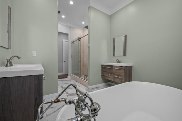 bathroom featuring vanity, independent shower and bath, and ornamental molding