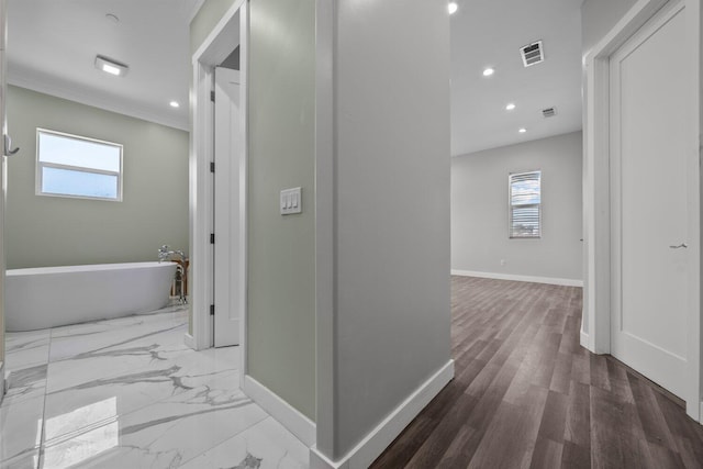 corridor featuring ornamental molding and a wealth of natural light