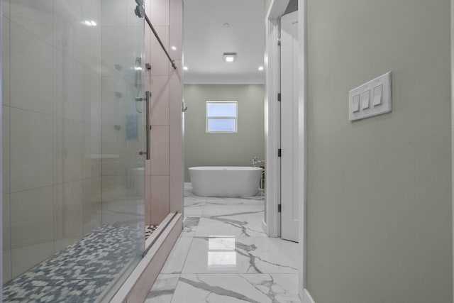 bathroom with ornamental molding and shower with separate bathtub