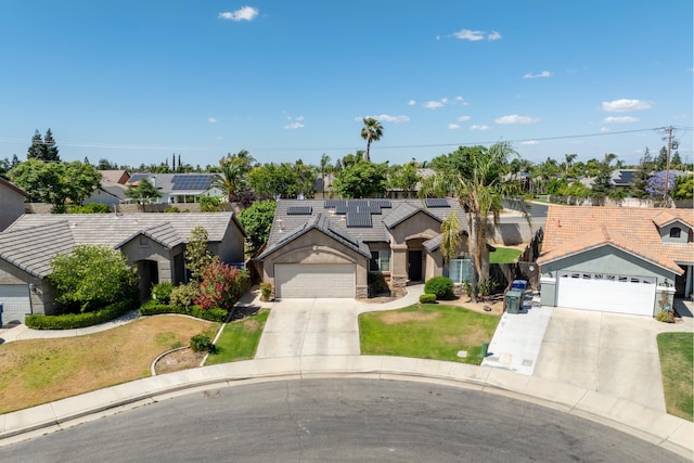 ranch-style house featuring concrete driveway, a residential view, stucco siding, a garage, and a tiled roof
