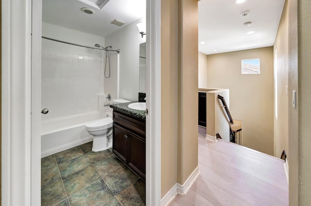 27735 Summer Grove Pl, Valencia, CA 91354 - bathroom with vanity, shower / tub combination, toilet, and stone finish flooring