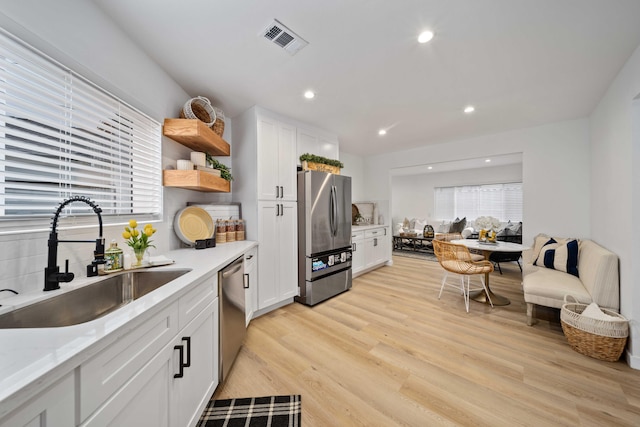 11946 Aneta St, Culver City, CA 90230 - kitchen featuring white cabinetry, open shelves, visible vents, appliances with stainless steel finishes, and a sink