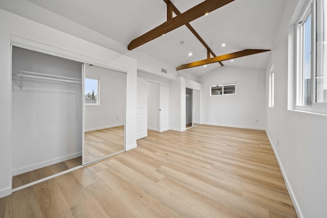 11946 Aneta St, Culver City, CA 90230 - unfurnished bedroom with light wood-style floors, baseboards, vaulted ceiling with beams, and recessed lighting