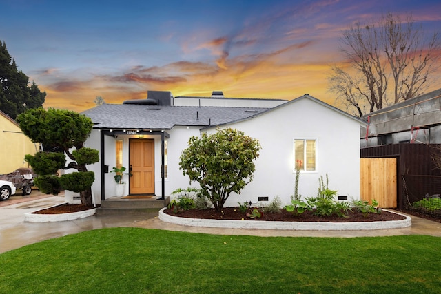 11946 Aneta St, Culver City, CA 90230 - view of front of home with roof with shingles, stucco siding, crawl space, a front lawn, and fence