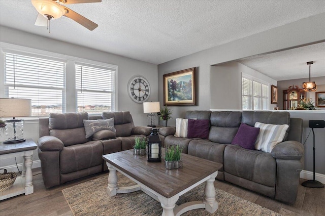 44850 E 43rd St, Lancaster, CA 93535 - living room featuring wood finished floors, a textured ceiling, and ceiling fan