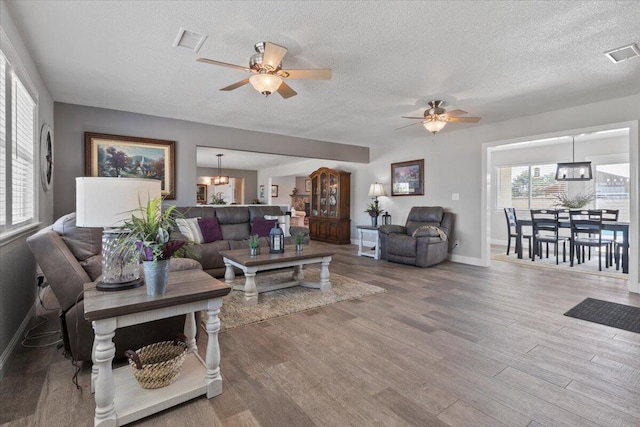 44850 E 43rd St, Lancaster, CA 93535 - living area with ceiling fan, wood finished floors, a textured ceiling, and healthy amount of natural light