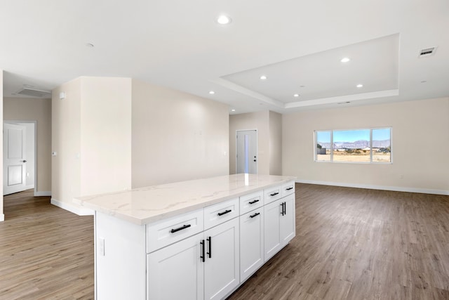 kitchen featuring light hardwood / wood-style floors, light stone counters, a kitchen island, a tray ceiling, and white cabinets