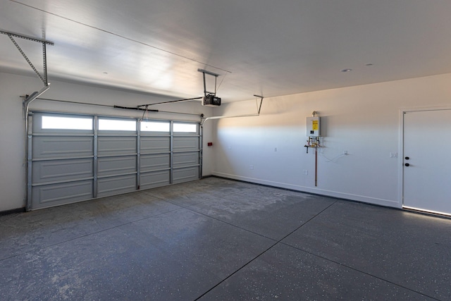 garage with water heater and a garage door opener