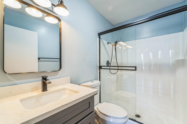 bathroom featuring toilet, a stall shower, and vanity