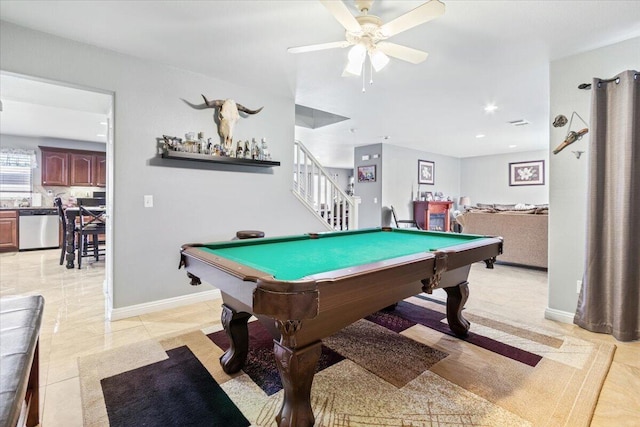 game room with billiards, recessed lighting, baseboards, and ceiling fan