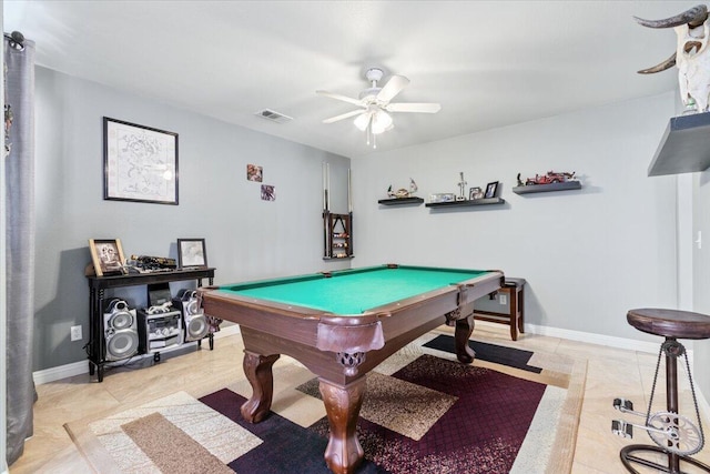 playroom featuring billiards, baseboards, visible vents, and ceiling fan