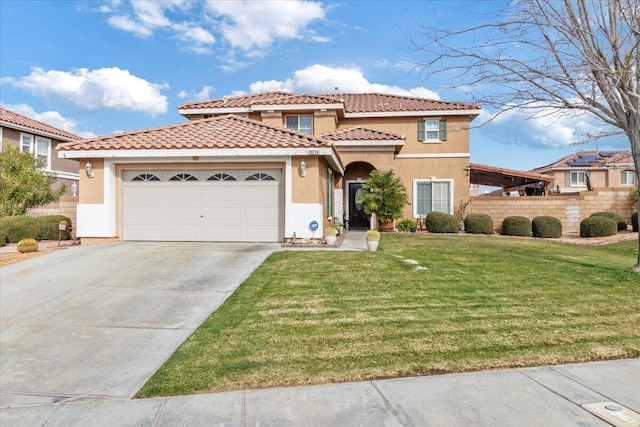 mediterranean / spanish-style home with a tiled roof, a front yard, stucco siding, driveway, and an attached garage