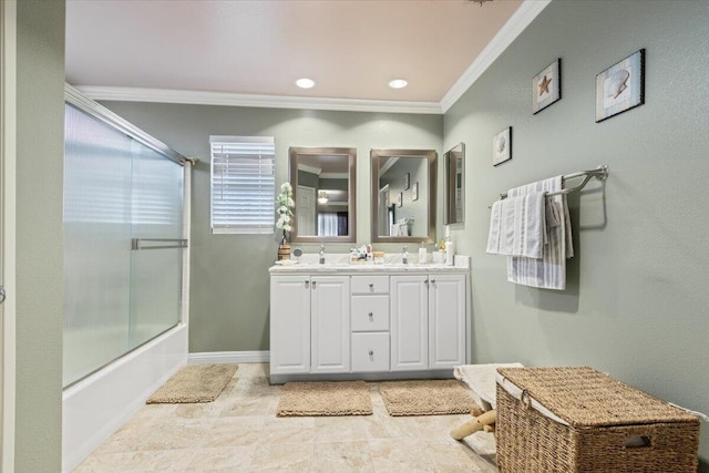 full bath featuring baseboards, enclosed tub / shower combo, double vanity, recessed lighting, and ornamental molding