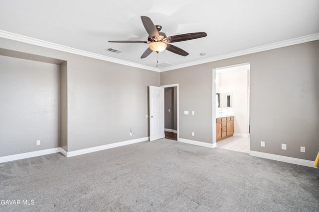 42638 Meridian Way, Lancaster, CA 93536 - unfurnished bedroom featuring ornamental molding, light carpet, ensuite bath, and ceiling fan