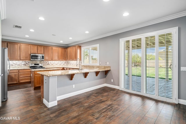 42638 Meridian Way, Lancaster, CA 93536 - kitchen with stainless steel appliances, a peninsula, crown molding, decorative backsplash, and dark wood-style floors