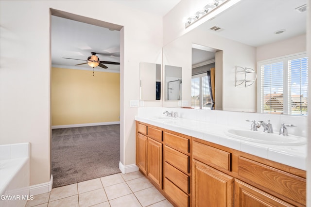 42638 Meridian Way, Lancaster, CA 93536 - full bathroom with a ceiling fan, double vanity, tile patterned floors, a tub, and ornamental molding