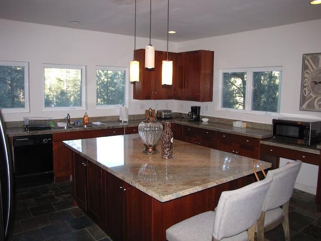 2100 Symonds Dr, Frazier Park, CA 93222 - kitchen featuring a sink, stone finish floor, light stone countertops, dishwasher, and a kitchen island