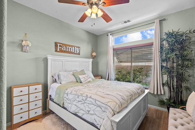 bedroom featuring ceiling fan and light wood-type flooring