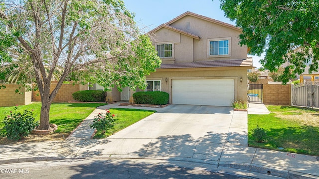 1776 Blackberry Ct, Palmdale, CA 93551 - traditional-style house with a gate, a tiled roof, stucco siding, a garage, and driveway