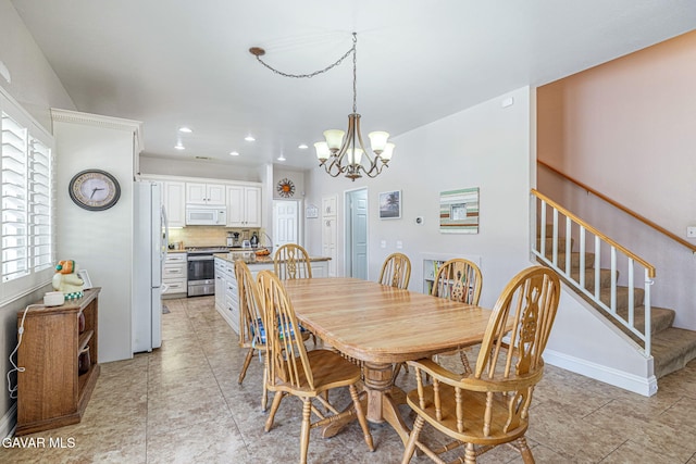 1776 Blackberry Ct, Palmdale, CA 93551 - dining room with stairway, recessed lighting, a chandelier, and light tile patterned flooring