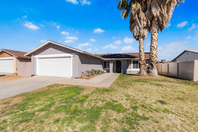 ranch-style house featuring a garage, fence, concrete driveway, stucco siding, and a front lawn