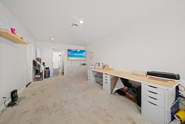 home office featuring visible vents, light colored carpet, and recessed lighting
