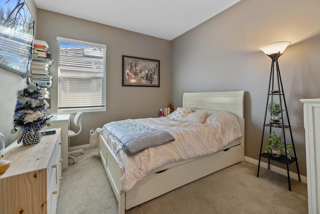 bedroom with light carpet