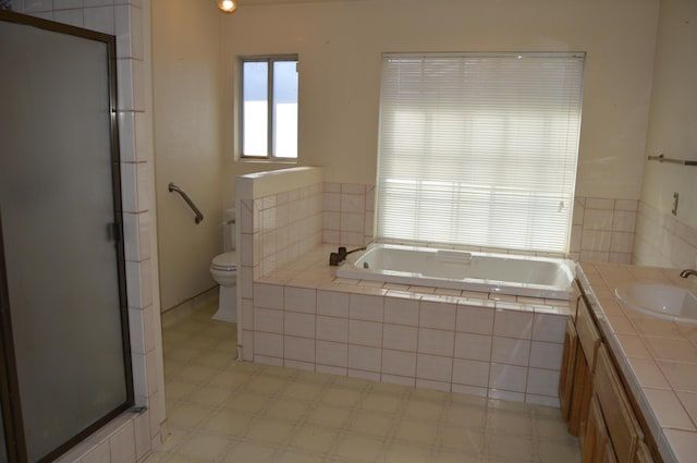 full bath with a bath, a stall shower, and tile patterned floors